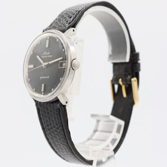 Vintage 33mm Mido Ocean Star Powerwind Men's Automatic Wristwatch Matte Black - Picture 2 of 5